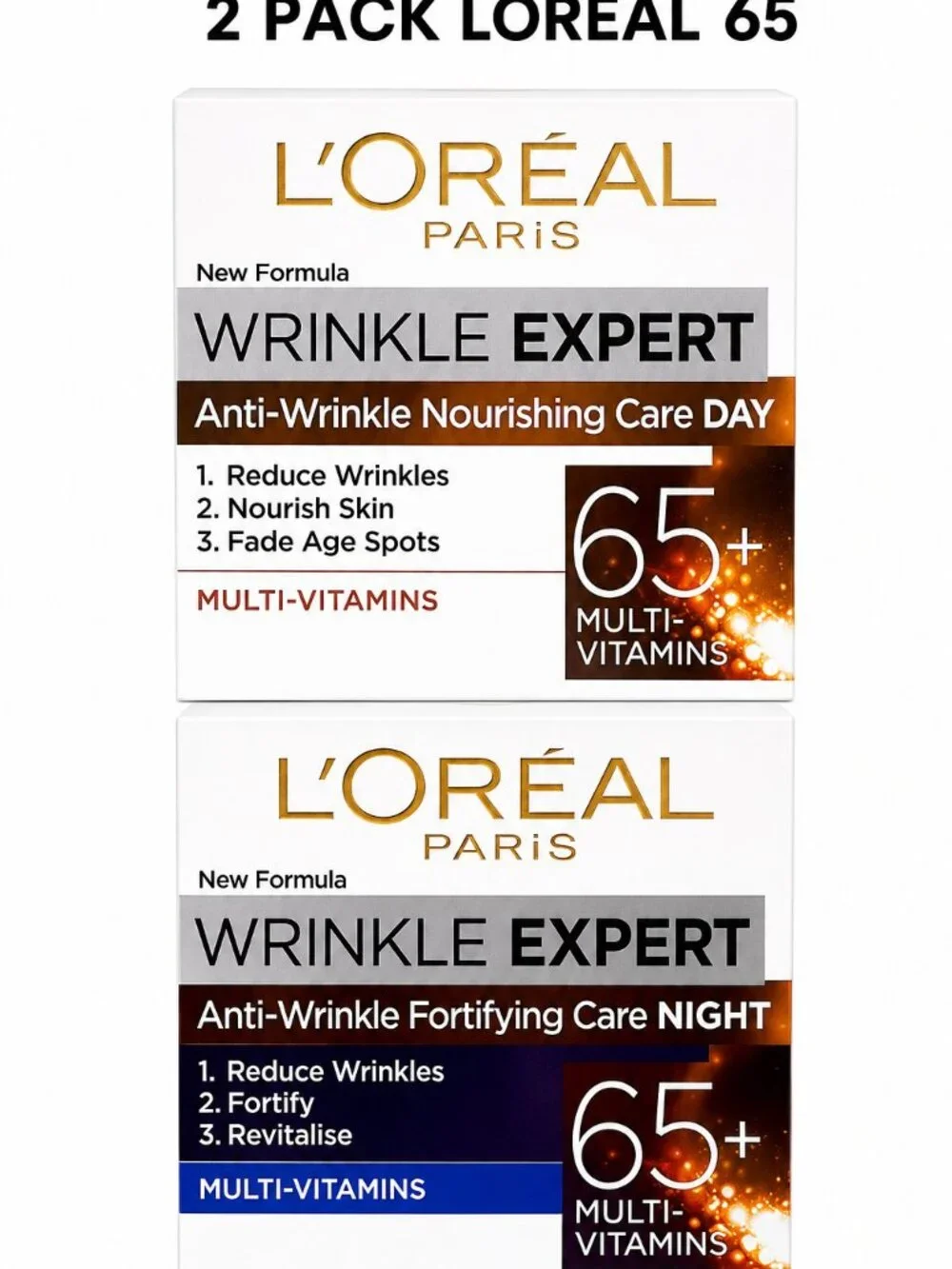 2 Pack L'Oreal Paris Wrinkle Expert 65+ Anti-Wrinkle Day & Night Cream 50ml Each